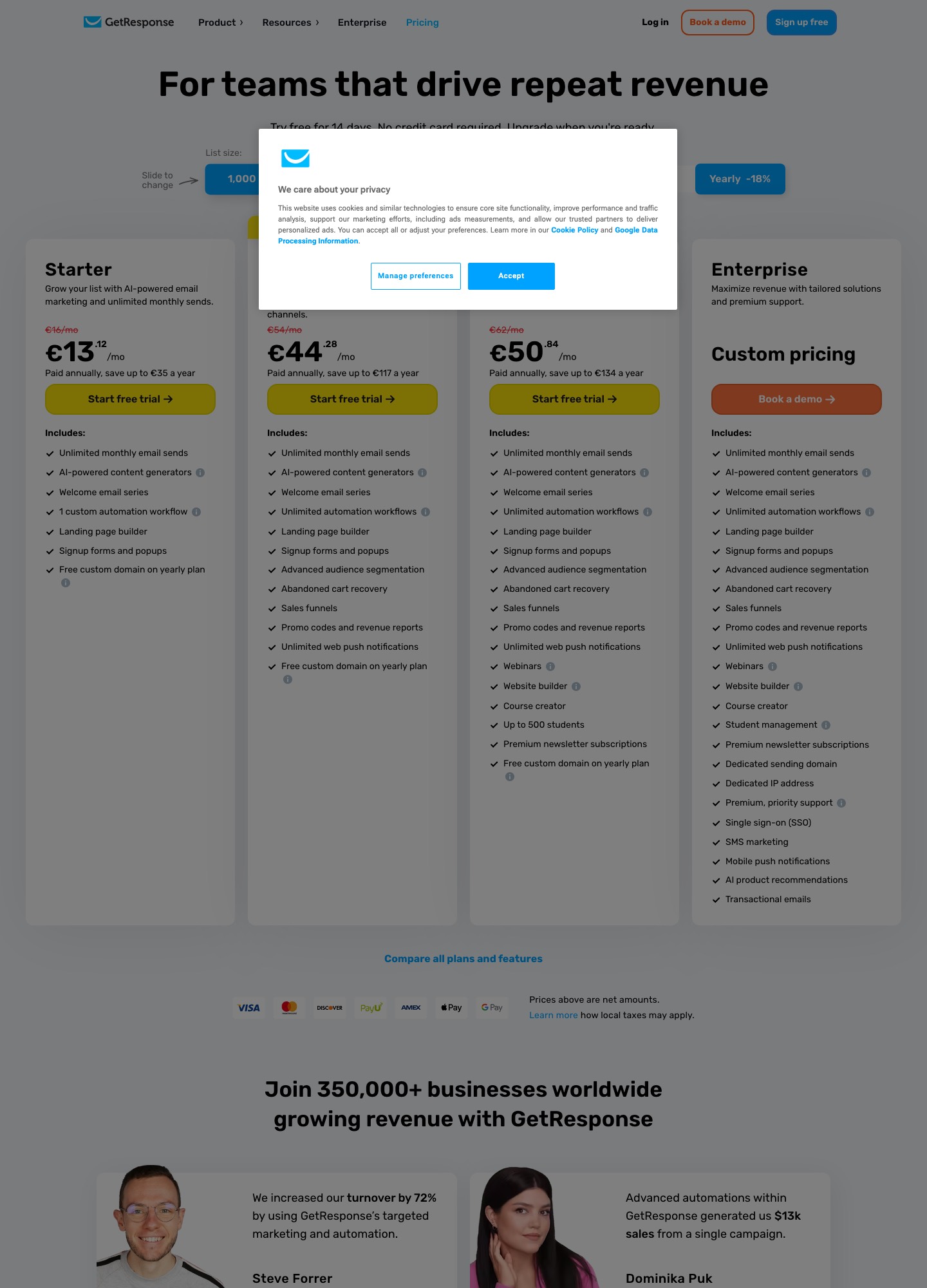 GetResponse pricing page, captured Oct 2026